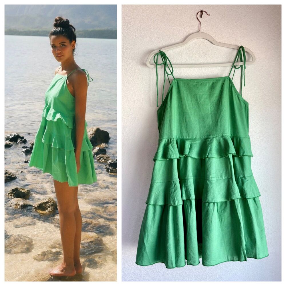 NWT Cousin the Label Belize Tiered Ruffle Shoulder Tie Mini Dress in Kelly Green
